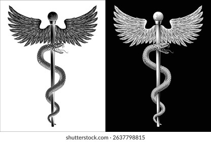 Rod of Asclepius staff medical symbol. Snake around rod or wooden staff. Often mistakenly called Caduceus. Doctor medicine and health care icon. Vintage woodcut etching style. Also features wings.