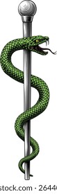 Rod of Asclepius staff medical symbol. Intertwined snake around a rod or wooden staff. Often mistakenly called a Caduceus. Doctor icon for medicine and health care. Vintage woodcut etching style. 
