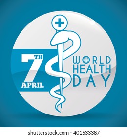 Rod of Asclepius symbol in a glossy button for World Health Day commemoration.