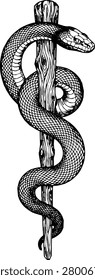 Rod of Asclepius vector illustration. Minimalist medical symbol featuring a smooth snake coiled around a wooden staff. Monochromatic line art emblem of medicine, healthcare, and healing, isolated on a white background.