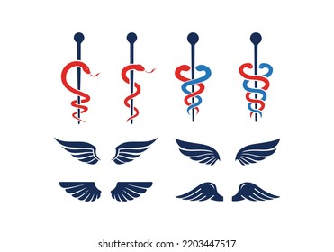 Rod, caduceus snake, wings. Set of medical pharmacy healthcare logo icon design collection