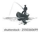 Rod fishing. Silhouette of fisherman with spinning rod in a boat in moment of fish bite isolated vector illustration