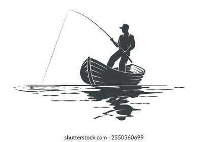 Pesca con caña. Silueta de pescador con la barra de hilar en un bote en el momento de la mordedura de los pescados Ilustración vectorial aislada