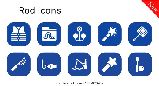 rod icon set. 10 filled rod icons.  Collection Of - Lifejacket, Worm, Bait, Magic wand, Net, Fishing