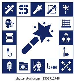  rod icon set. 17 filled rod icons.  Simple modern icons about  - Wand, Fishing reel, Fishing line, Magic wand, Fishing rod, Net, Bait, Worm, Cotton swab