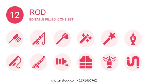 rod icon set. Collection of 12 filled rod icons included Net, Fishing, Wand, Magic wand, Fishing rod, Fishing reel, Lifejacket, Worm