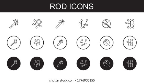 rod icons set. Collection of rod with magic wand, cotton swab. Editable and scalable rod icons.