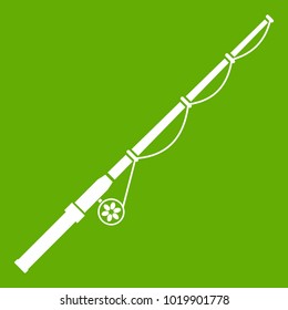 Rod and reel icon white isolated on green background. Vector illustration