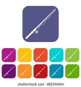 Rod and reel icons set vector illustration in flat style in colors red, blue, green, and other