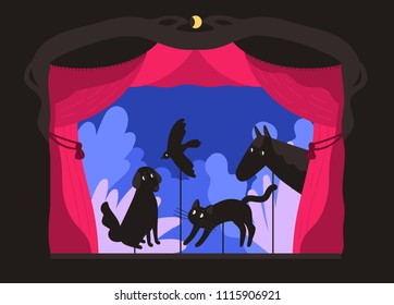 Tiras de sombra rubia manipuladas por tititiriteros en el escenario del teatro. Contar historias aterradoras, entretener la actuación con siluetas de animales para niños. Dibujo vectorial de caricaturas de color plano.