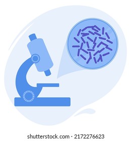 Rod shaped bacilli bacteria under the microscope. Medical research of microbes. Biochemistry and analysis concept. Vector illustration.
