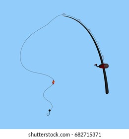 rod spinning with spoon-bait vector illustration isolated. black fishing rod silhouette. concept of relaxation, tourism, ocean fishing, spinnerbait, spoon-bait, hunting. isolated