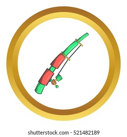 Rod vector icon in golden circle, cartoon style isolated on white background