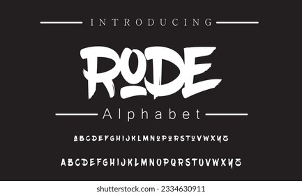 Rode Lettering font isolated on black background. Texture alphabet in street art and graffiti style. Grunge and dirty effect.  Vector brush letters.