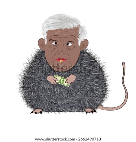 Rodent character with human features and a banknote in his hands.