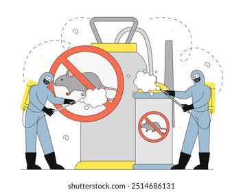 Rodent control concept. Men in protective uniforms near huge mouse repellent in apartment. Treating home with chemicals. Exterminators team. Linear vector illustration isolated on white background