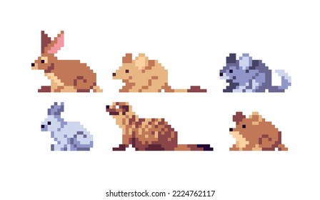 Rodent species pixel art set. Little animals collection. Rat, hamster and hare. 8 bit. Game development, mobile app.  Isolated vector illustration.