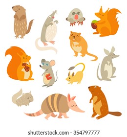 Rodent of the world, a big set vector illustration. Isolated on a white background. Beaver, weasel, squirrel, muskrat, tarbaganchik, muskrat, Battleship, bandicoot