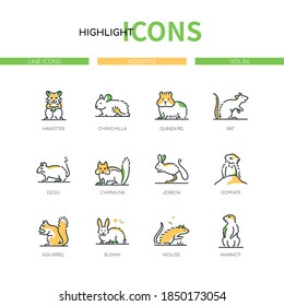 Rodents - Modern Line Design Style Icons Set. A Collection Of Wild And Domestic Animals, Pets. Hamster, Chinchilla, Guinea Pig, Rat, Degu, Chipmunk, Jerboa, Gopher, Squirrel, Bunny, Mouse, Marmot