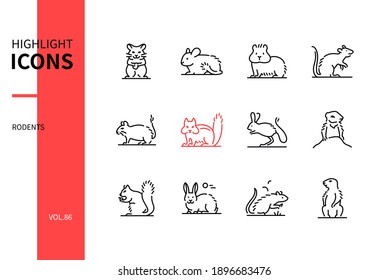 Rodents - modern line design style icons set. A collection of wild and domestic animals, pets. Hamster, chinchilla, guinea pig, rat, degu, chipmunk, jerboa, gopher, squirrel, bunny, mouse, marmot