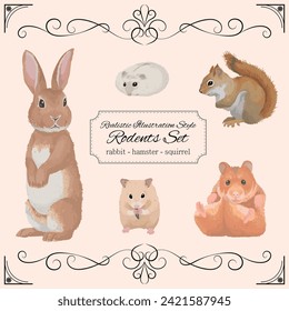 Rodents set rabbit hamster squirrel realistic illustration style