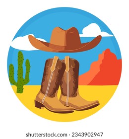 Rodeo. American cowboy boots and hat in a western Arizona desert landscape. Wild west concept. Vintage cowboy print. Isolated vector.