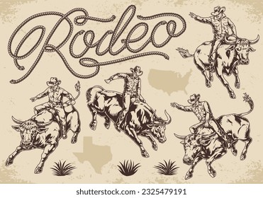 Rodeo arena setzt Aufkleber einfarbig mit Reiter im Sattel auf wilden Tieren und Nordamerika oder Texas Silhouetten Vektorgrafik