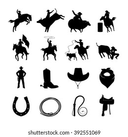 Rodeo black icons with cowboys silhouettes riding on bulls and wild horses and rodeo accessories isolated vector illustration   