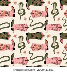 Rodeo boots pattern. Wild west seamless texture. Western footwear and snake. Pink stylish leather shoes vintage style for cowgirl. Contemporary print. Decor textile, wrapping paper, wallpaper, vector