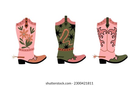 Rodeo boots. Wild west accessory. Western footwear. Pink stylish leather shoes vintage style for cowgirl. Element for design. Modern drawing. Contemporary art vector cartoon flat style isolated set