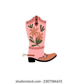 Rodeo boots. Wild west accessory. Western footwear. Pink stylish leather shoes vintage style for cowgirl. Element for design. Modern drawing. Contemporary art, vector cartoon flat style isolated set