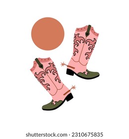 Botas de rodeo. Accesorio de Wild West. Calzado occidental. Estilo vintage de los zapatos de cuero estilizado rosa para la vaquera. Elemento para el diseño. Dibujo moderno. Arte contemporáneo, dibujo vectorial estilo plano aislado conjunto