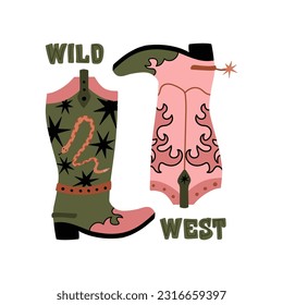 Rodeo boots. Wild west accessory. Western footwear. Pink stylish leather shoes vintage style for cowgirl. Element for design. Modern drawing. Contemporary art vector cartoon flat style isolated set