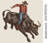 Rodeo bull colorful vintage logotype with daredevil rider riding wild cow to participate in entertaining competitions vector illustration