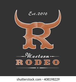 Rodeo, bull, cowboy vector logo template. Design element for Texas lifestyle. Bull horns used as a part of letter