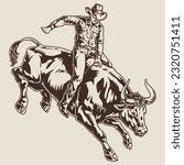 Rodeo bull monochrome vintage element with male daredevil riding dangerous wild cow to demonstrate courage and agility vector illustration