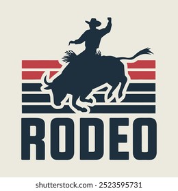 Rodeo Bull Rider Silhouette with Retro Stripes Background