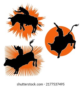 Rodeo bull set symbols vector illustration isolated on white. Cowboy riding a wild bull in flat style illustration