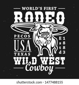 Rodeo bull t-shirt print of longhorn cow or ox on black background with vector lettering Wild West Cowboy. Apparel fashion and uniform jersey of rodeo sport design