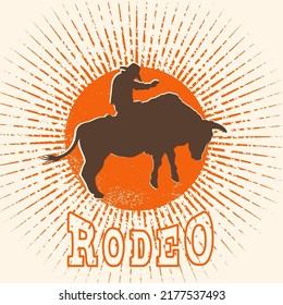 Rodeo bull vector label. Cowboy riding a wild bull in symbol flat style illustration and rodeo text