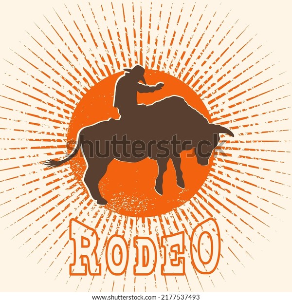 Rodeo bull vector label.\
Cowboy riding a wild bull in symbol flat style illustration and\
rodeo text