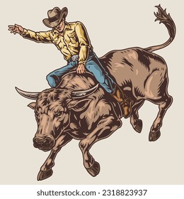 Rodeo bull vintage sticker colorful with Texas man sitting on aggressive wild animal galloping around arena vector illustration