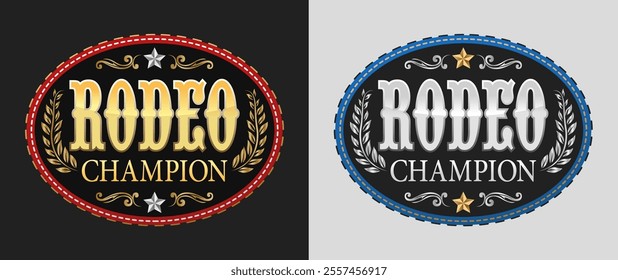 Rodeo Champion Cowboy Label belt buckle old west cowboy style emblem vector oval design