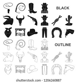 Rodeo, competition black icons in set collection for design. Cowboy and equipment vector symbol stock web illustration.