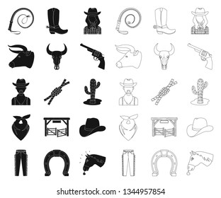 Rodeo, competition black,outline icons in set collection for design. Cowboy and equipment vector symbol stock web illustration.