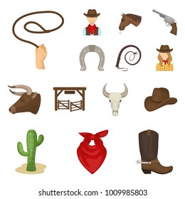 Rodeo, competition cartoon icons in set collection for design. Cowboy and equipment vector symbol stock web illustration.