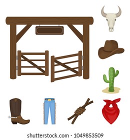 Rodeo, competition cartoon icons in set collection for design. Cowboy and equipment vector symbol stock web illustration.