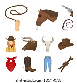 Rodeo, competition cartoon icons in set collection for design. Cowboy and equipment vector symbol stock web illustration.