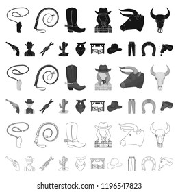 Rodeo, competition cartoon icons in set collection for design. Cowboy and equipment vector symbol stock web illustration.