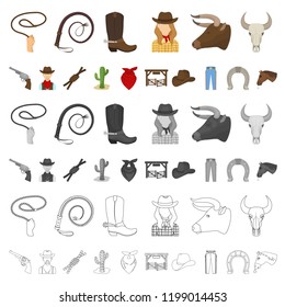 Rodeo, competition cartoon icons in set collection for design. Cowboy and equipment vector symbol stock web illustration.